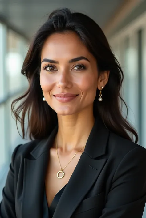 Create a high-resolution, realistic photograph of a professional Brazilian woman dressed for a formal work environment, such as a bank or law office. She is accessorized with small, discreet earrings (such as pearls or simple metallic studs) and a fine, de...