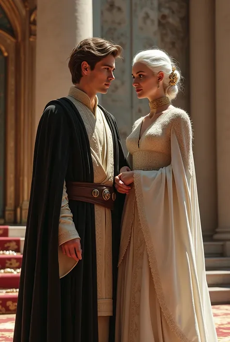 star wars young emperor european brown hair with his wife that has White hair 
