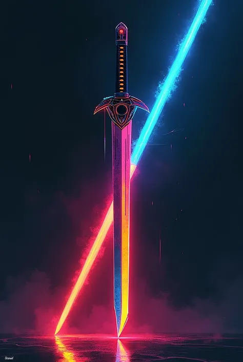 colorful sketch drawing, simple sketch, simple lines, Japanese cyber futuristic sword in dark colors