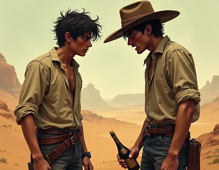  The image of two characters from desert scenery,  2 Badly Faced Young Men , poor farmer clothes from the 1920s ,  one with black hair falling on his face , Another one with frizzy hair ,   wearing a cangaceiro hat drinking cachaça , curved, Killers for Re...