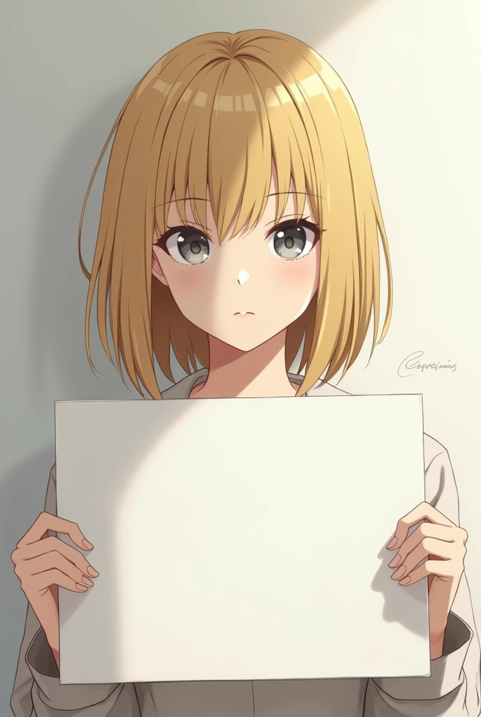 Make a blonde with gray eyes holding a blank anime-style poster with a serious face 