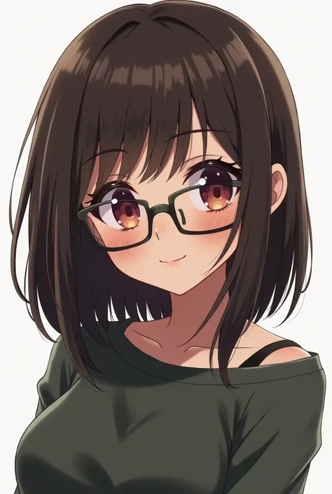  Create the image of a girl with dark skin with glasses,  straight and dark brown hair with a book hairstyle , and of small height but wide body . anime style. That the girl behaves like an 18-year-old