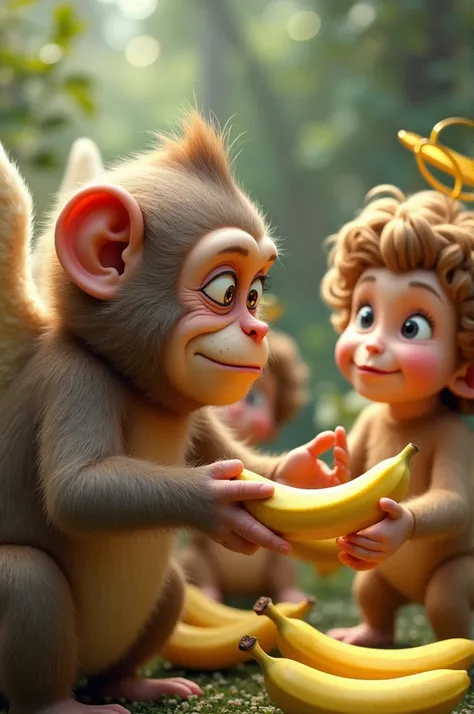 The third monkey, Zico, is grumpily handing over bananas to a group of cheerful angels. He looks annoyed and sarcastic as he reluctantly complies.

Estilo Realista 