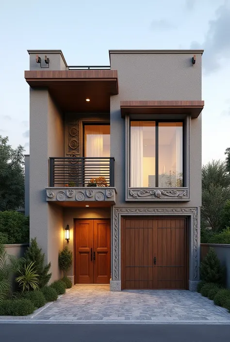 Idea for remodeling the facade that for a 90m² house attached to the garage bench on the right side large windows up two floors with façade in a combination of classic Mexican architecture and pre-Hispanic architecture with a modern Mexican and classic pre...