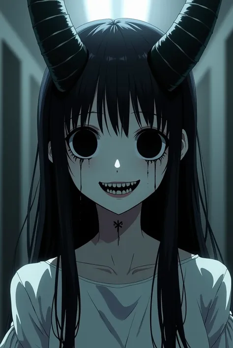 a creepy anime-style monster , [[[[big dark circles]]]], pale skin,  long black hair , white clothes, [[[[eyes completely black and empty]]]], Yanderes sadistic smile with refined teeth ,  a lot of dark liquid pouring from the eyes like tears,  Dim light e...