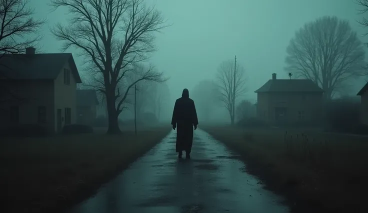 a creepy horror dark black figure walking towards a creepy horror small town
