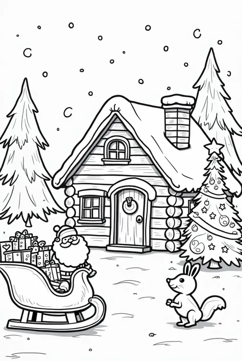 Create a festive Christmas scene for a s coloring book. Include a cheerful log cabin surrounded by snow, a sparkling Christmas tree with decorations, Santa Claus holding a sack of toys, and playful woodland animals like a bunny and squirrel nearby. The bac...