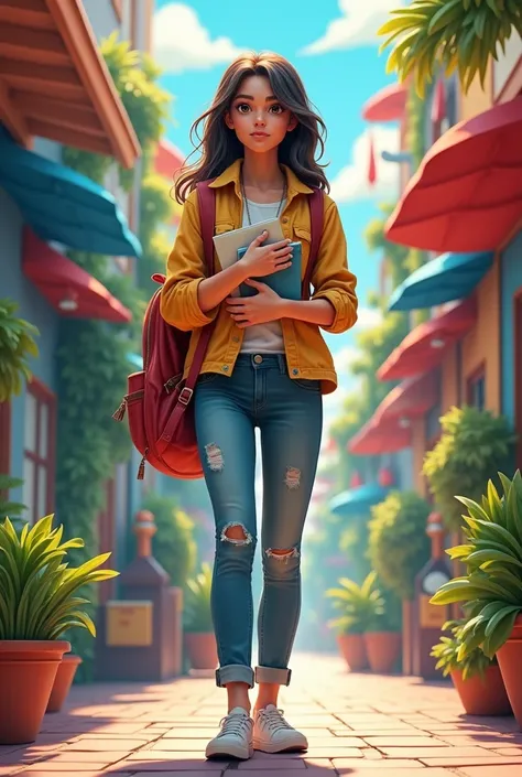 Young lady with books in her hand and backpack on her shoulder in a colorful environment