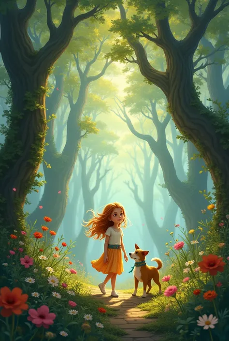 A girl in a fairy forest with a dog