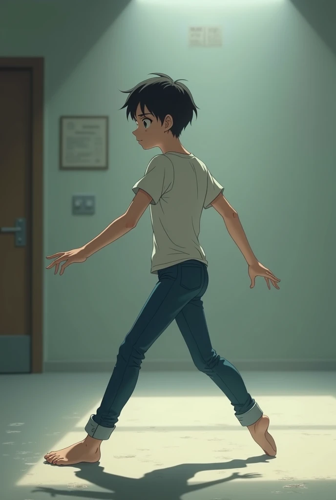 Anime boy dancing melancholically ballrt in normal clothes