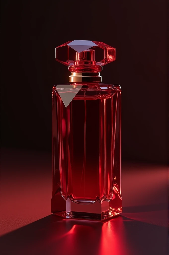 
A dark red perfume box in the shape of a long crystal that looks like close buildings and the box shines