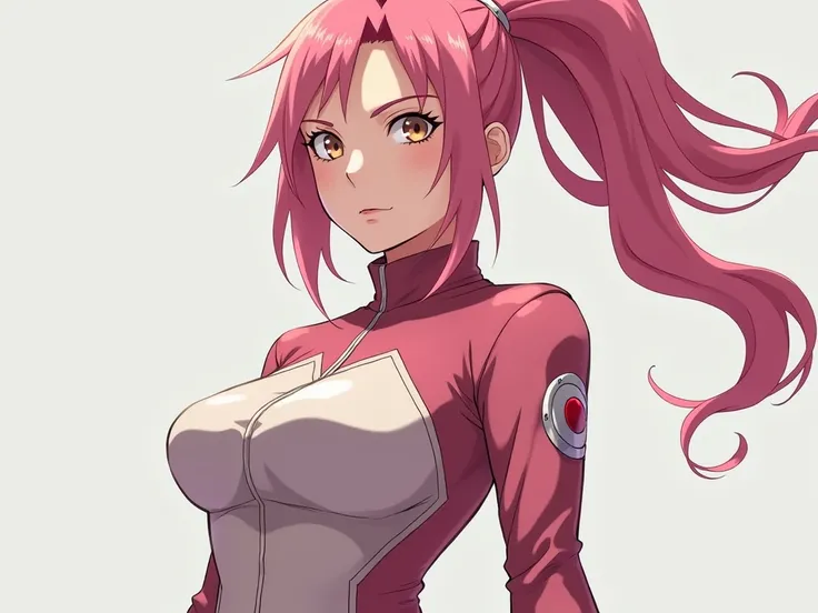  Naruto , woman. Prominent figure,  with fair skin and vibrant pink hair tied in a tall ponytail that swings gracefully as it moves.  she has light brown eyes ,  traits that seem to hide both fun and danger .  Wear light combat clothing ,  made of a flexib...