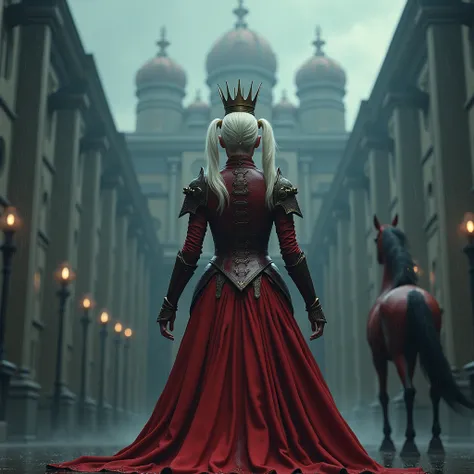 A woman from behind,  platinum blond hair in two pigtails, Crown, armure rouge, rain, Arms on the ground at her feet , Horse, 4K, epic