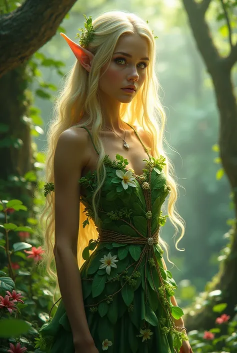 Elf girl with long luminous blonde hair, dress made of plant leaves, golden eyes, with stems wrapping around her arms and hips, with plants around her