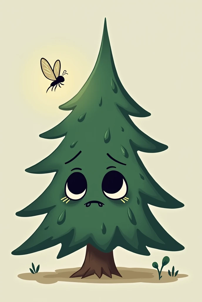 I want a pine tree to color , In a cartoon only with and the black lines add eyes and mouth but sad add a small firefly on a branch  