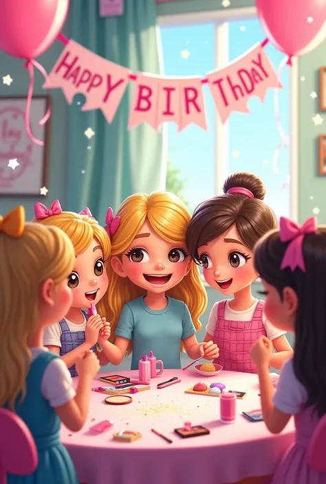 Dessin animé plusieurs Petites filles dix ans blondes et brunes seance beauté entre copines pailettes banderole joyeux anniversaire