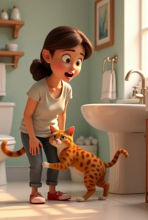 
"A 3D animation scene in Disney Pixar style, showing a woman using the bathroom with a surprised expression as her mischievous cat tries to climb into her pants. The cat, with a spotted coat and big curious eyes, is stretching toward the womans legs, atte...