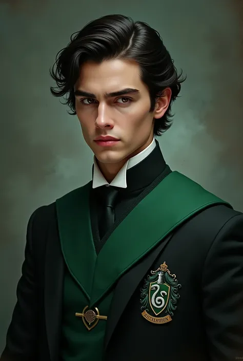 A handsome dark haired man with neat side curls and sharp features with his Slytherin uniform 