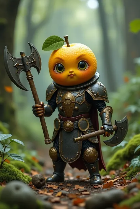 A cinematic realistic image of an tender big eyes anthropomorphic fruit in battle wearing armor and holding two axes, in a fantasy style. The background shows the forest floor, UHD, 4K.
