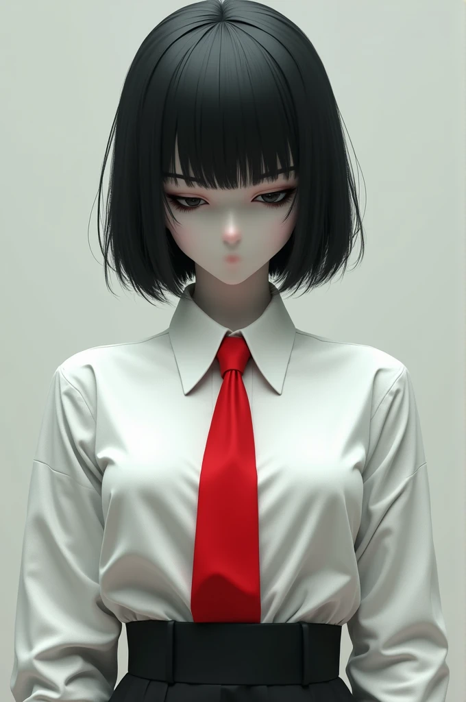 Make a character with short black hair and faceless bangs with eyeliner on the eyes, wearing a white dress shirt with a red tie. 