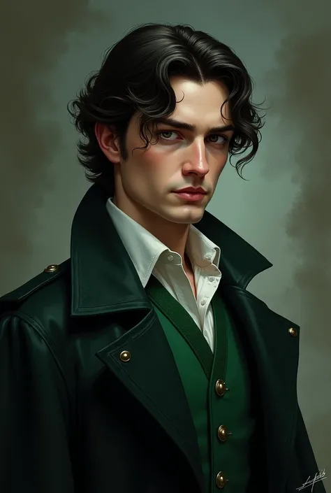 A handsome dark haired man with neat side curls and sharp features with his Slytherin uniform 