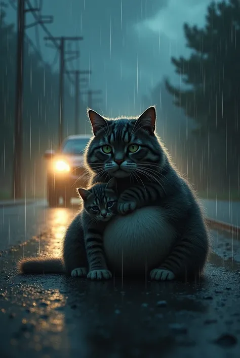 Pragnent cat in road havey rain and strom car tears falling baby kitten tears are falling in her eyes they took food from streat and eat