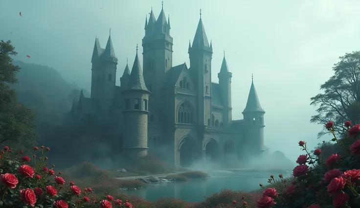 Gothic castle, seven tower, rose garden, foggy, medieval pool