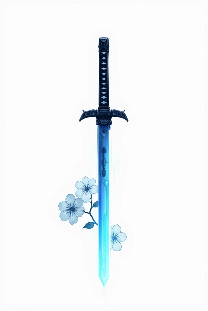 simple sketch com fundo branco, colorful sketch drawing, simple sketch, simple lines,  Katana cyber futuristic sword in dark colors and blue blade, blue sakura flowers in the background 