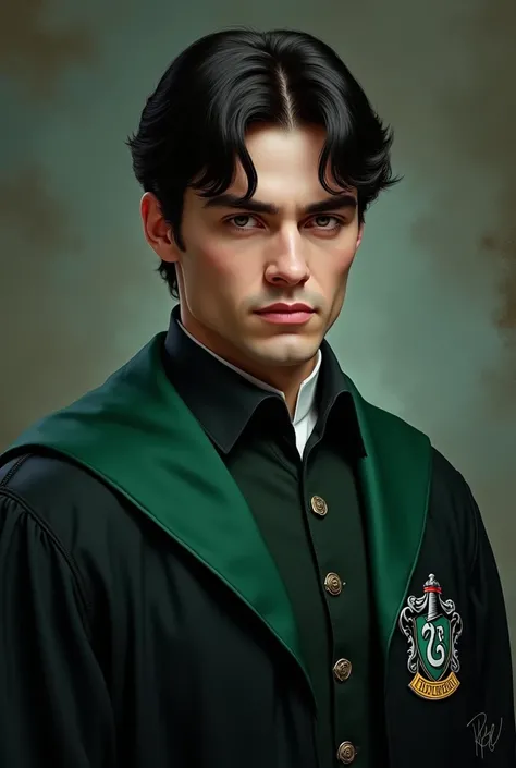 A handsome dark haired man with neat side curls and sharp features with his Slytherin uniform 