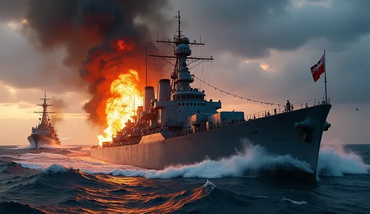 A dramatic naval battle scene featuring HMAS Sydney, a sleek World War II light cruiser, engulfed in flames and smoke as it succumbs to enemy fire. In the background, the German raider Kormoran is disguised as a merchant ship, firing concealed weapons. The...