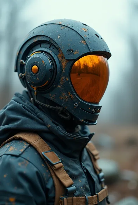 Imagine un homme avec un casque de science-fiction de cybernétique futuriste de haute technologie, sa surface est dure en 3D. Lhomme est habillé avec des vêtements tactiques dans un environnement cataclysmique, climate punk.