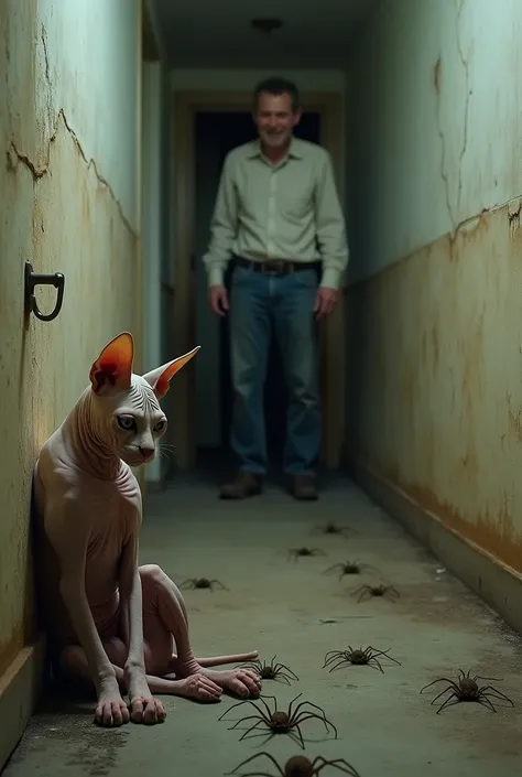 A realistic representation of a scared, sad and cornered Sphynx cat. He is leaning against a wall in a hallway of an abandoned house, a house with dirty, cracked walls. On the floor of the house there are several spiders surrounding the dog. The dogs coat ...