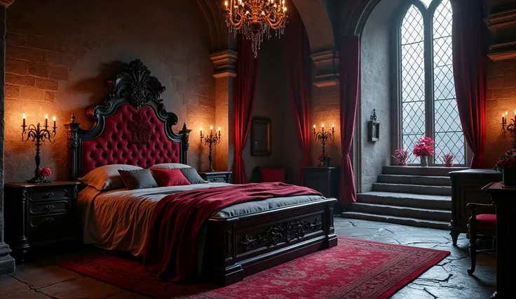 Bedroom of gothic castle, medieval goth arcitecture, rose flowers ornamnents, intericate royal motif in red and black, torch lighting, warm ambient light, medieval jacuzy, traditional jacuzy pool, design to dracula princess, bram stroke dracula inspirate, 