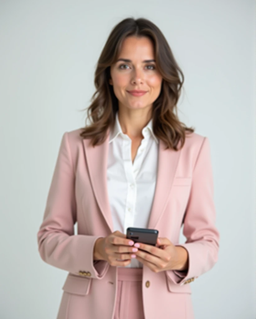 Woman in a professional pose wearing white dress shirt and pink blazer standing with her cell phone in her hand with an air of professionalism looking forward,  medium length brown hair , neutral background.