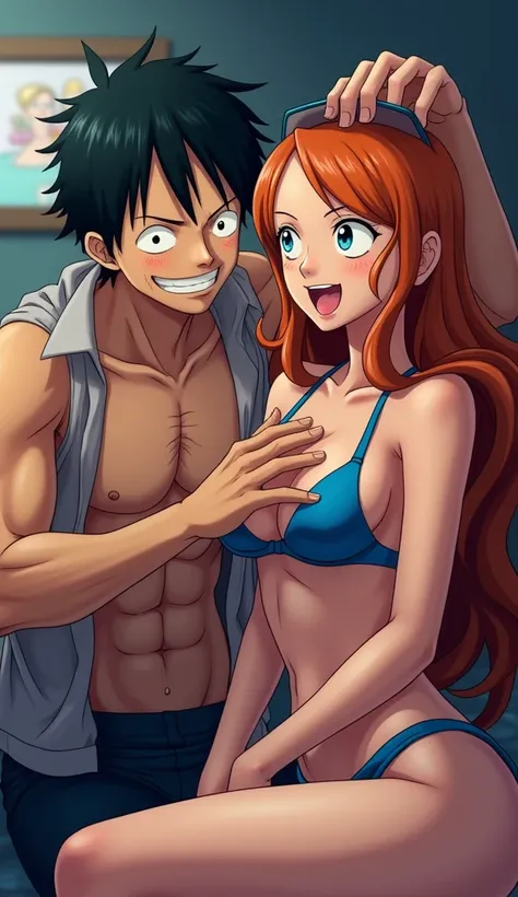 a boy is trying to rape nami one piece, the boys hand is holding nami one pieces breast, the boys right hand is holding nami one pieces pussy, nami one piece is only wearing a blue bikini, nami one pieces mouth is gaping while sticking out her long tongue,...