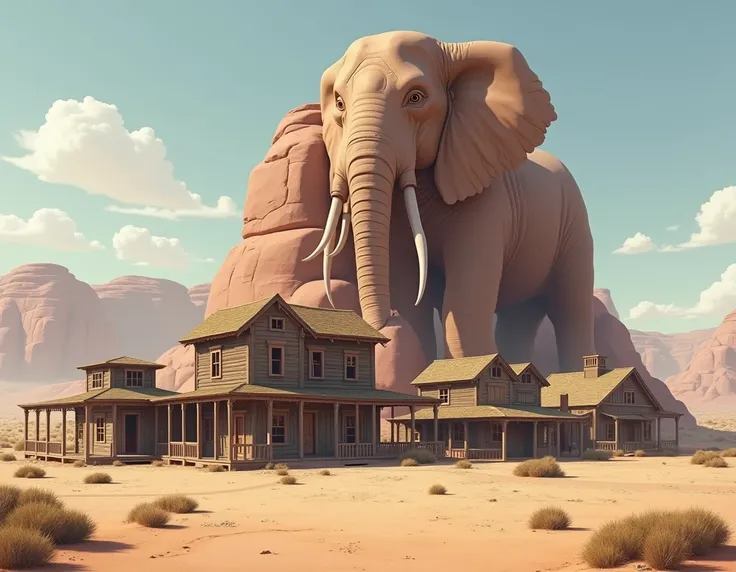 desert scenery,  The complete view of small wooden houses piled up next to a large Elephant-Shaped Bar rock, village built next to a large elephant-shaped rock ., 1920s buildings , Old West style , ,  Complete and refined view ,  Refined Art , Style buildi...