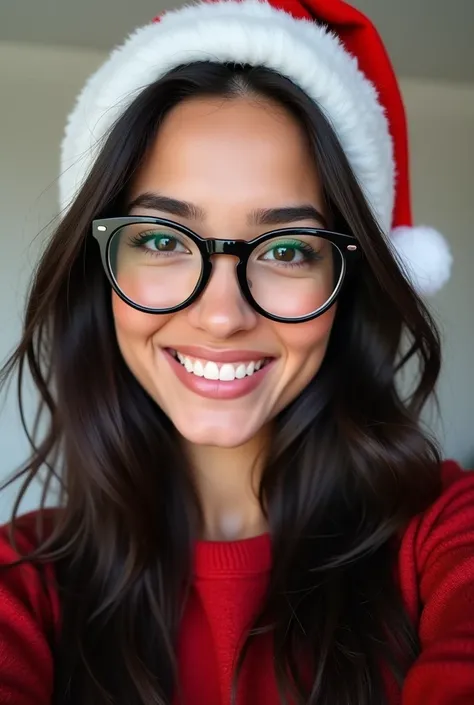  There is a woman with long black hair smiling for the camera, beautiful latin face, 23-year-old woman with black frame eyeglasses ,  selfie of a young woman , sexy face, without makeup, wearing a Santa Claus hat 