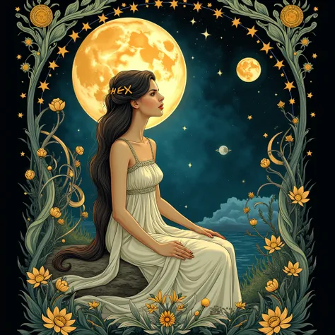 tarot card, The Moon, Art Nouveau, high saturation, a beautiful woman, astrology