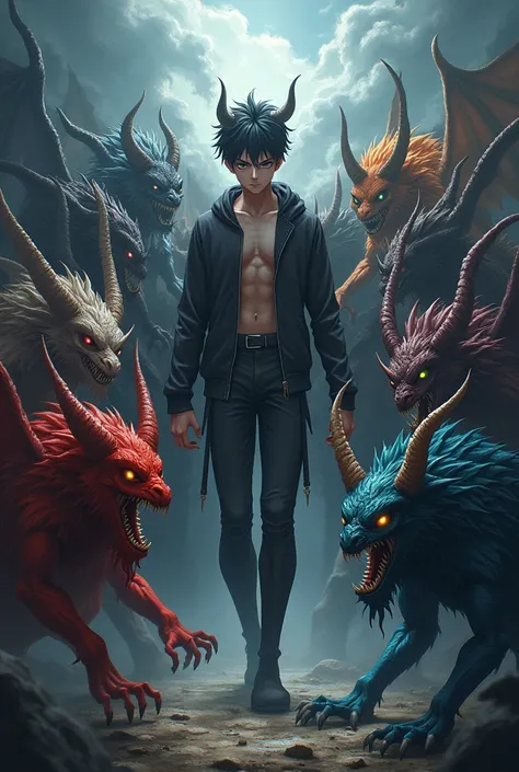 An anime image of a demon boy with a human body and around whom there is an army of demons of different demonic races with human bodies anime