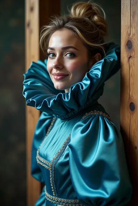 (realistic photograph close up sideways), (a pleased beautiful Caucasian lady with (messy hair bun), she is wearing (an extravagant iridescent blue silk gown with (long gigantic pouf sleeves), (and with an ultra high tight stand-up collar up to her cheeks)...