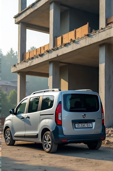 Dacia dokker in grey with tinted windows Next to an incomplete building in construction