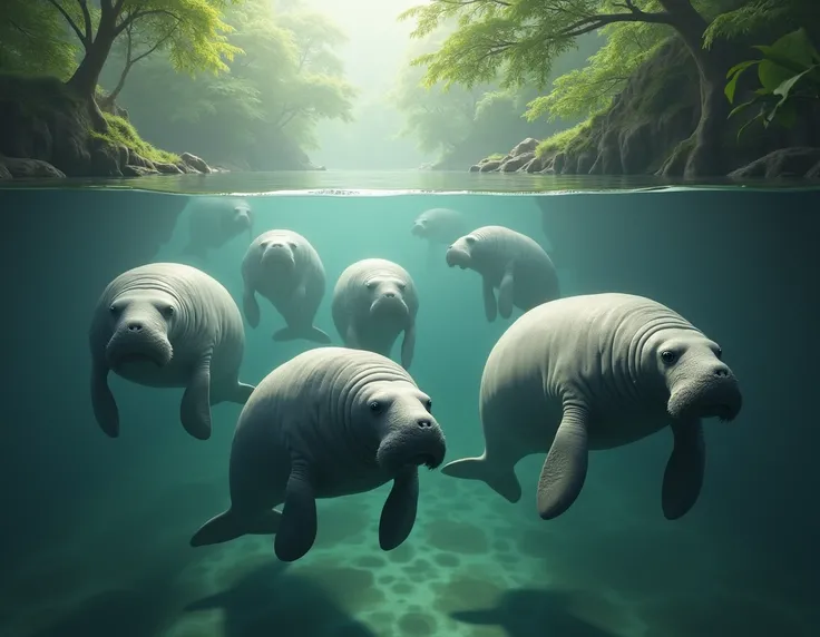 Herd of manatees sailing under the river