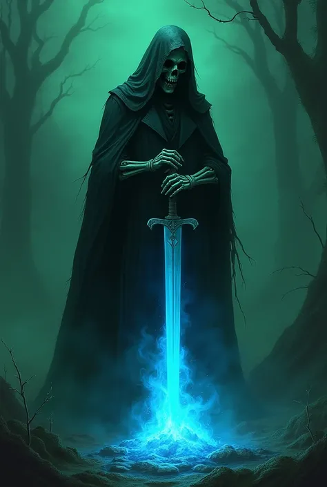  A black doctor of death , dark fantasy style , Green colors,  and a sky blue bonfire with a sword embedded in it