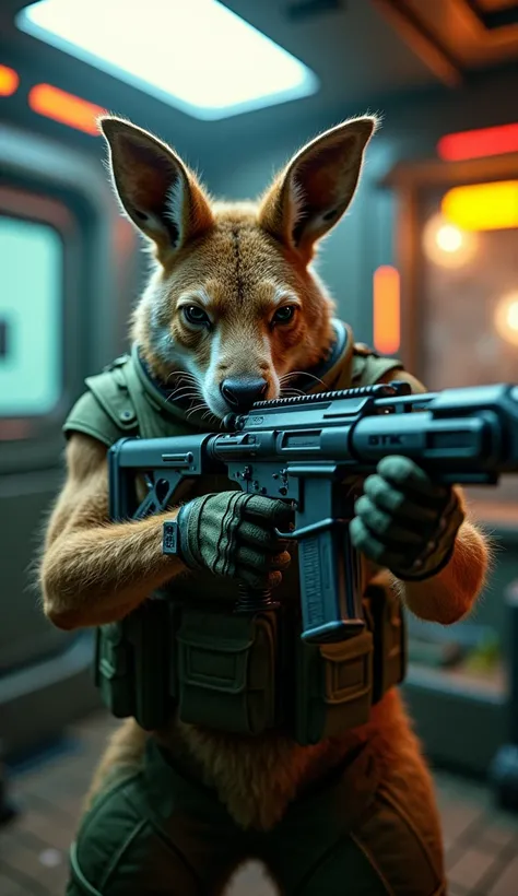 adult male brown kangaroo humanoid, wearing cyberpunk military green armor, aiming with a futuristic machine gun. inside a futuristic military truck. neon. blurred cyberpunk style background