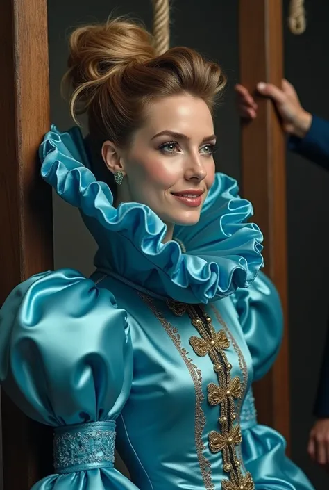 (realistic photograph close up sideways), (a pleased beautiful Caucasian lady with (messy hair bun), she is wearing (an extravagant iridescent blue silk gown with (long gigantic pouf sleeves), (and with an ultra high tight stand-up collar up to her cheeks)...