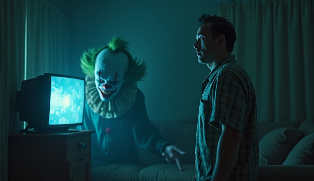  An adult man in pajamas ,  standing in a dark room and watching in horror at a clown of unnatural proportions who gets up from the couch.  The blue light of the television illuminates the cartoon clown,  revealing his wide and macabre smile , and his mess...