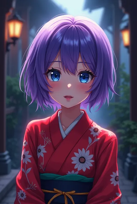  An anime girl, short purple haired , big blue eyes,  tongue ,  wearing a red kimono, brava, In a dark room .