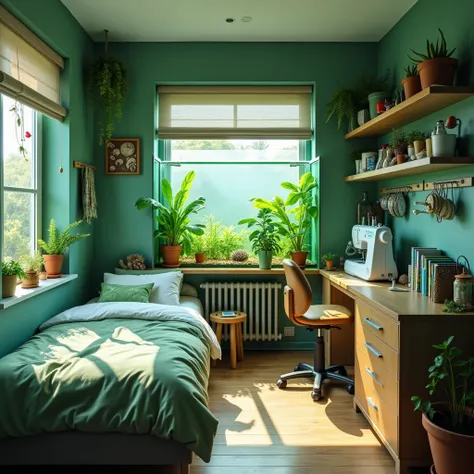  Aquarium green room with natural lighting on the left side a tidy bed with white and green sheets ,  and on the right side an area where there is a sewing machine and on the wall on that same side there are sewing materials such as fabrics, threads 