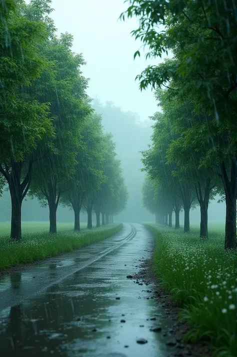 a long road next to which is covered with trees on both sides and it is raining