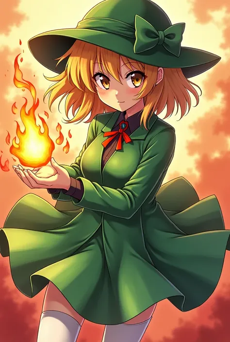 Anime girl in a hat and a green outfit, an image inspired by Okumura Masanobu,  winner of the pixiv contest, what is?, Fire!!  full body, Demon Slayer rui fanart,  anime moe art style , Tatsumaki, hinata hyuga, Fubuki, she has Fire powers, Otro iwakura, Ta...